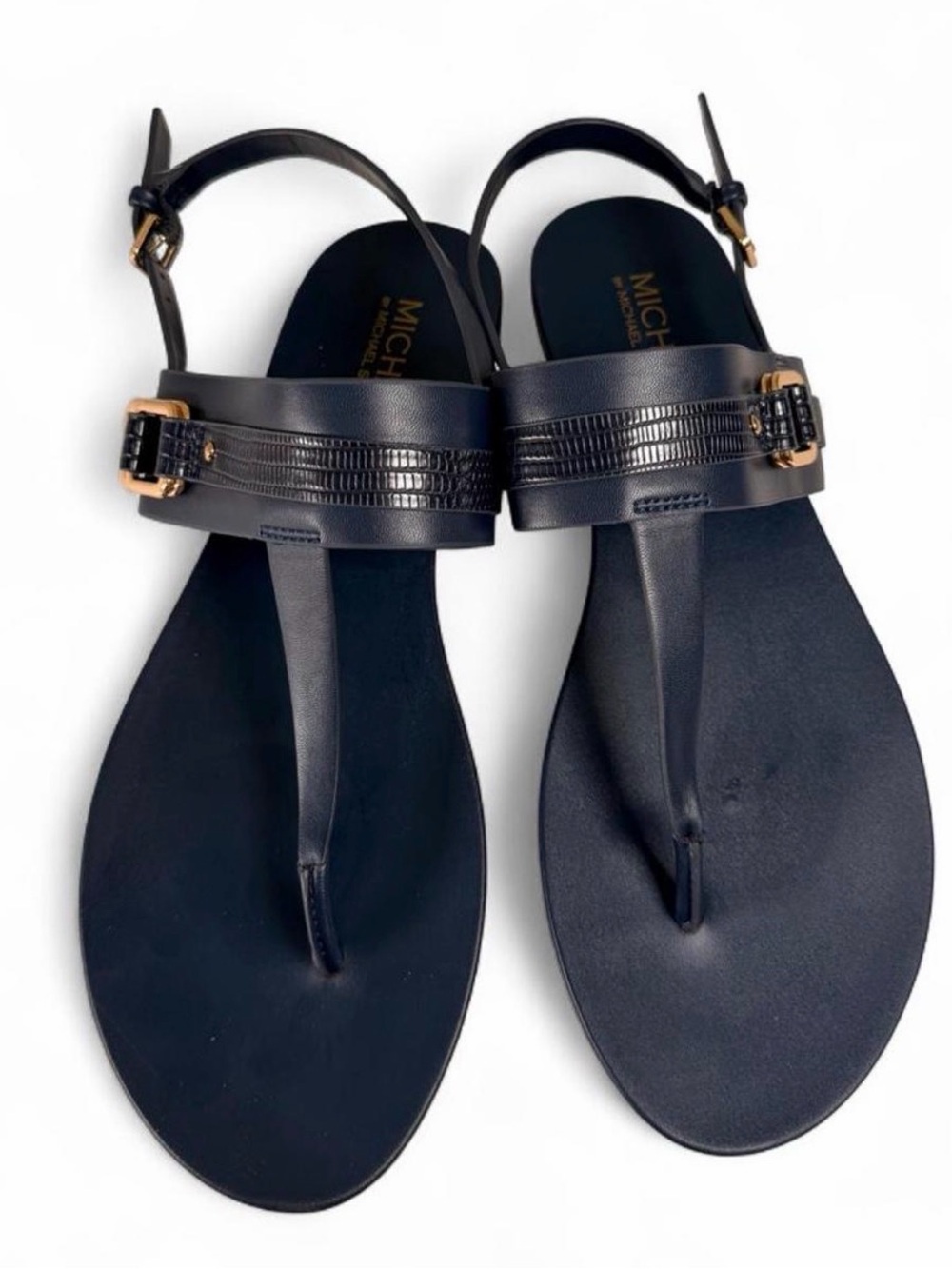 Michael Shannon Navy Blue Leather Thong Sandals with Gold Buckle